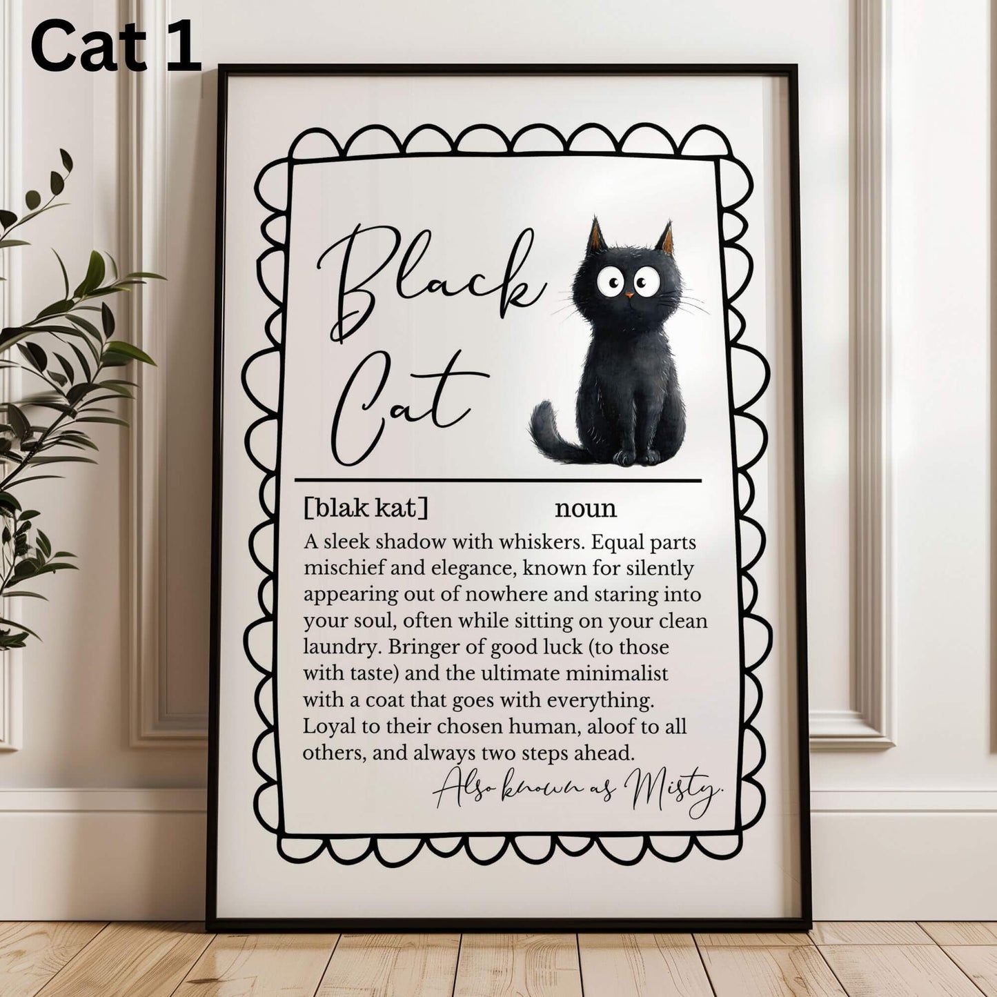 Illustrated Personalised Black Cat Definition Print