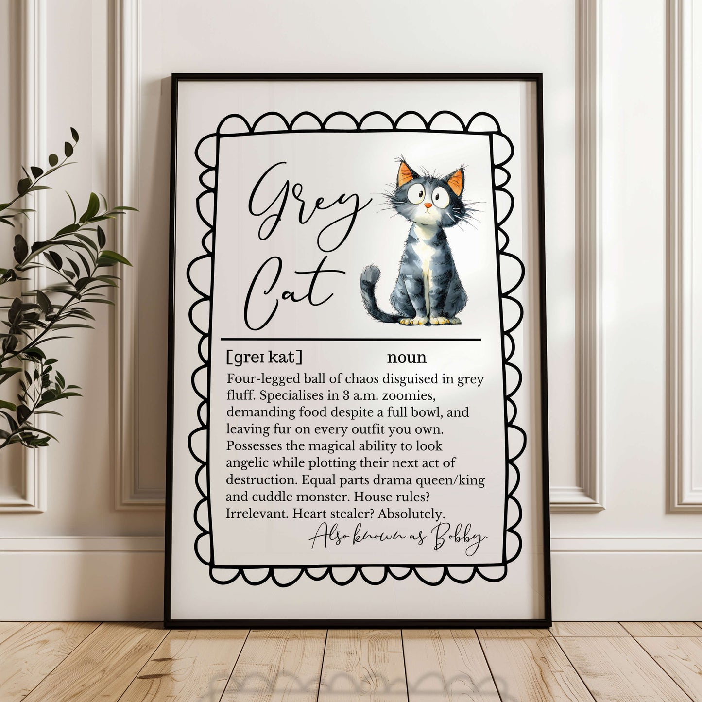 Illustrated Personalised Grey Cat Definition Print