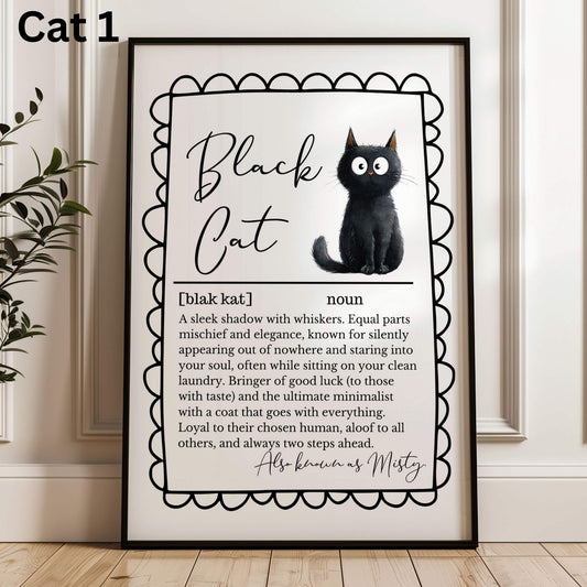 Illustrated Personalised Black Cat Definition Print