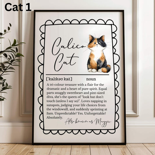 Illustrated Personalised Calico Cat Definition Print