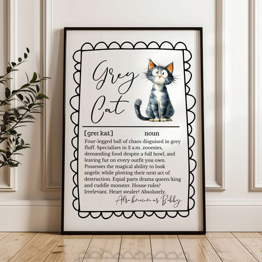 Illustrated Personalised Grey Cat Definition Print