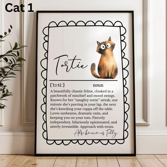 Illustrated Personalised Tortie Cat Definition Print